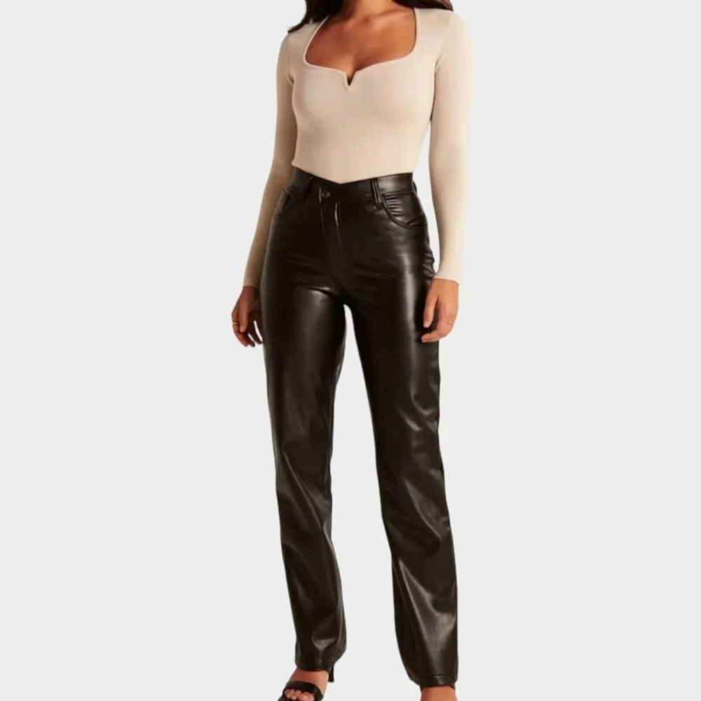 Abercrombie Curve Love Criss-Cross Waistband Vegan Leather 90s Straight Pants